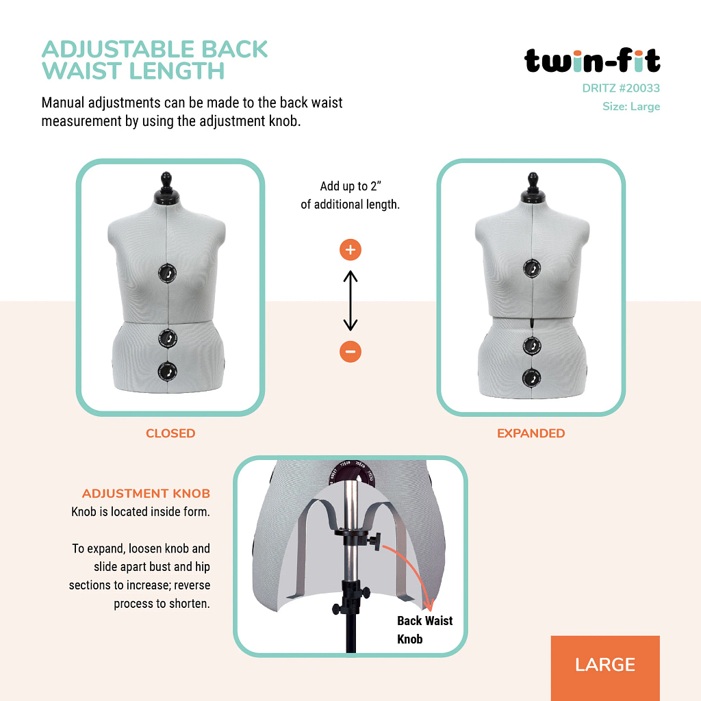 Dress Form, Adjustable Adult Sizes Petite to Full Figure Twin Fit Design by Dritz