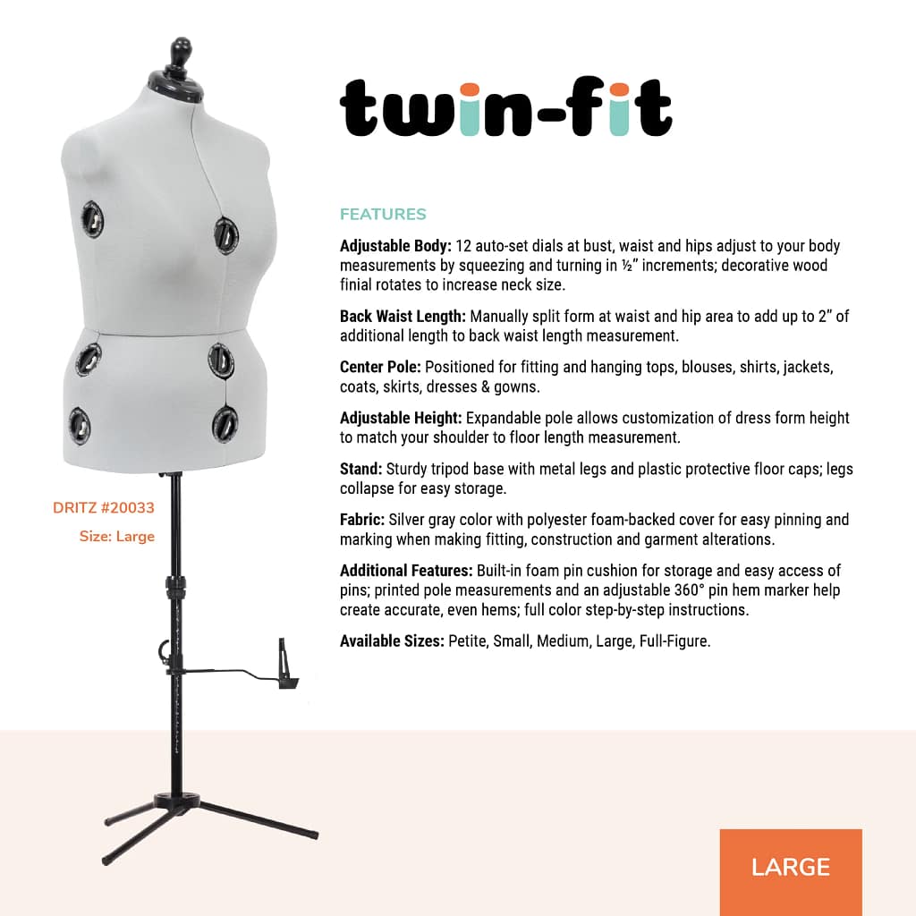 Dress Form, Adjustable Adult Sizes Petite to Full Figure Twin Fit Design by Dritz
