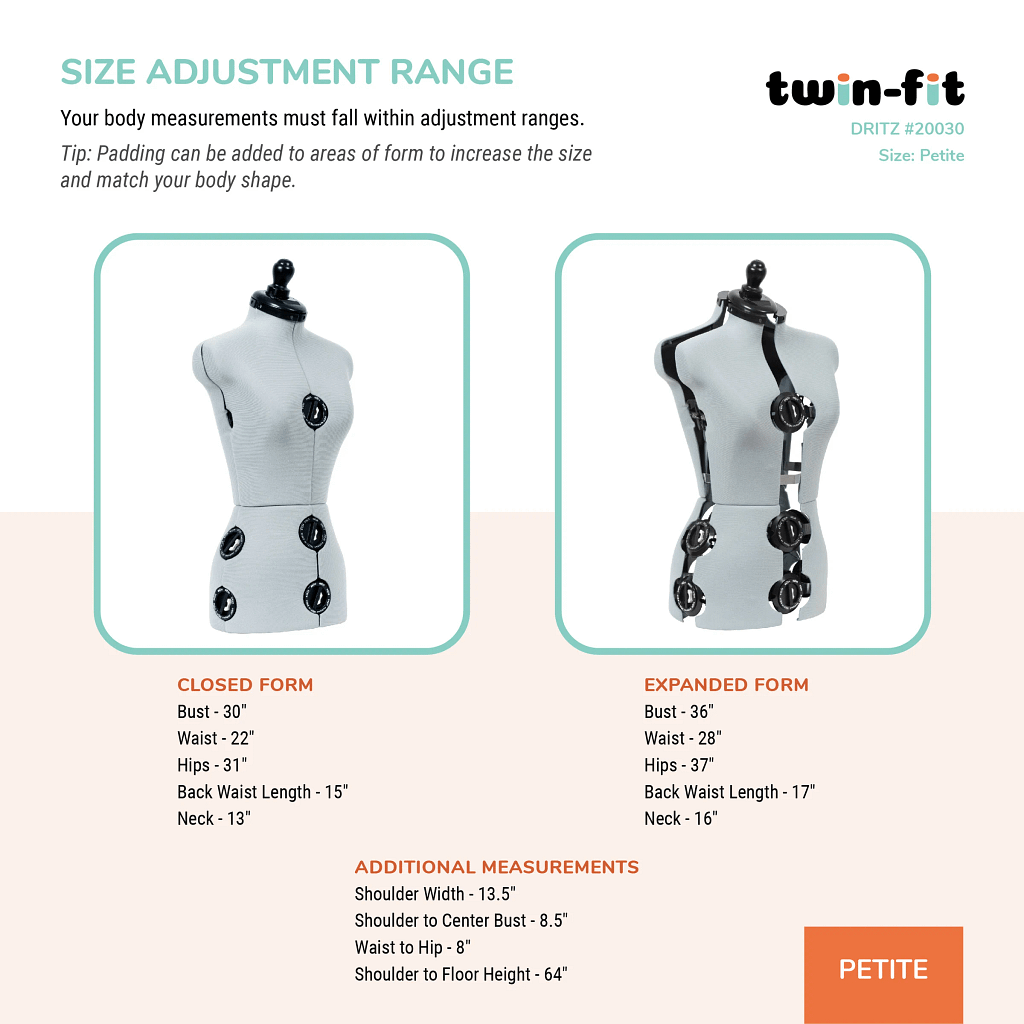 Dress Form, Adjustable Adult Sizes Petite to Full Figure Twin Fit Design by Dritz