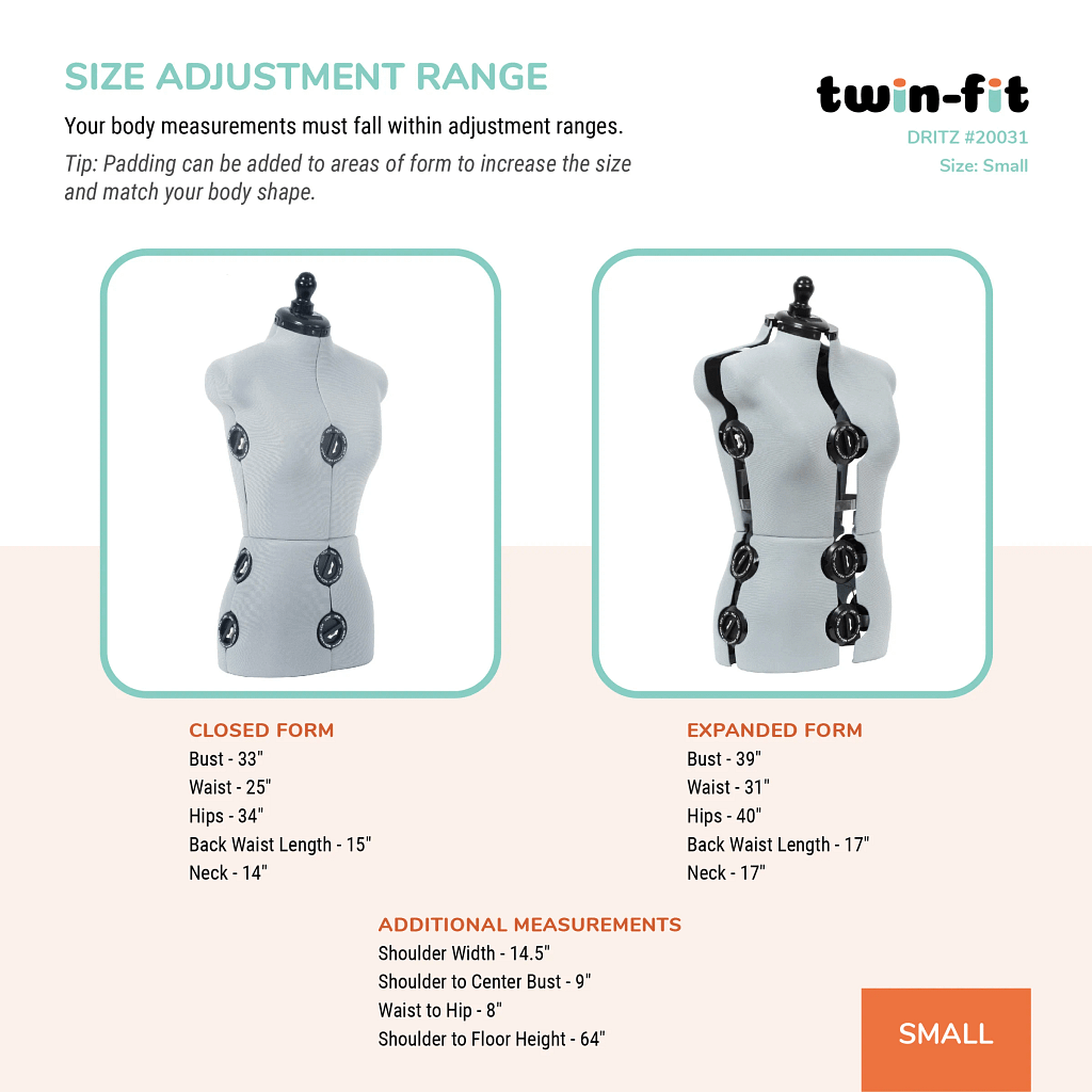 Dress Form, Adjustable Adult Sizes Petite to Full Figure Twin Fit Design by Dritz
