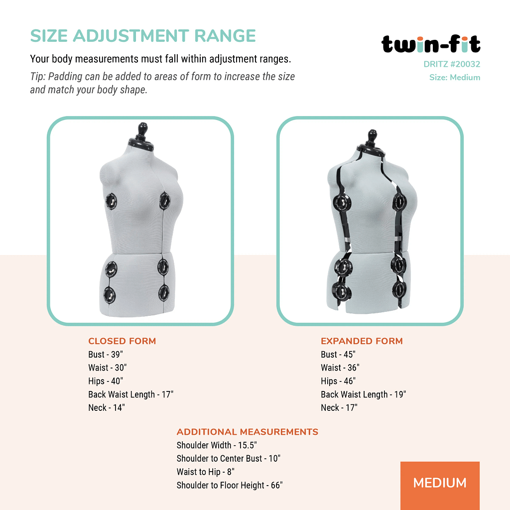 Dress Form, Adjustable Adult Sizes Petite to Full Figure Twin Fit Design by Dritz