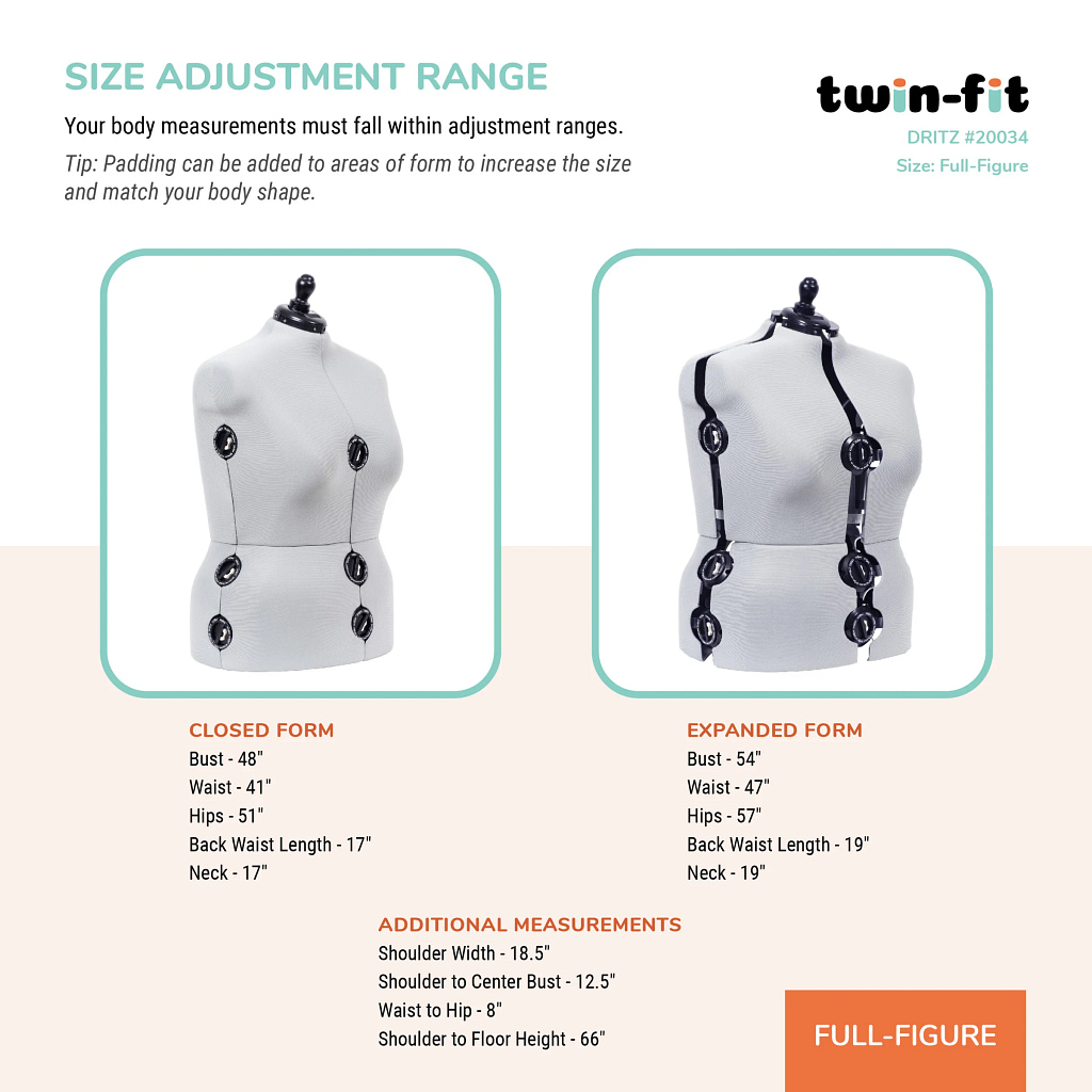 Dress Form, Adjustable Adult Sizes Petite to Full Figure Twin Fit Design by Dritz