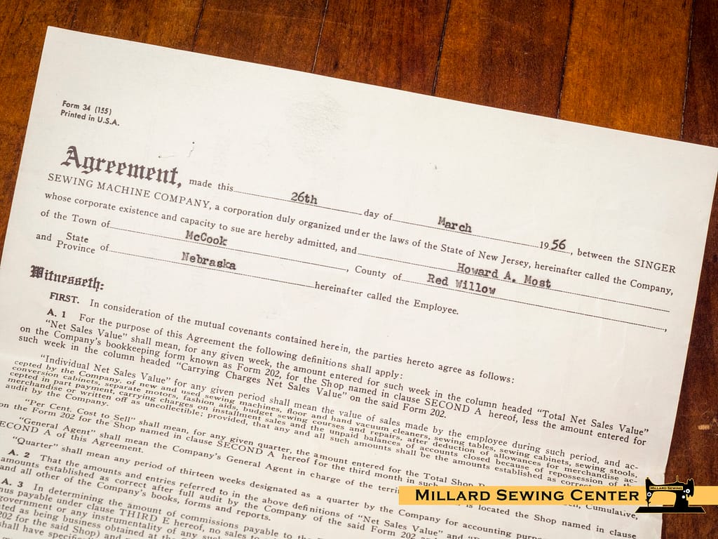 Singer Sewing Machine Company Management agreement with Howard Most 1956