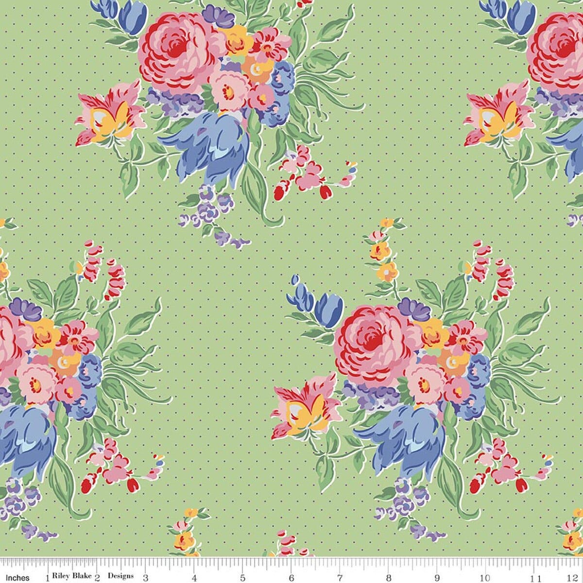 Cotton Fabric, 43"/44" Wide Dear Sweethearts in Floral Pindot Green by Riley Blake Designs