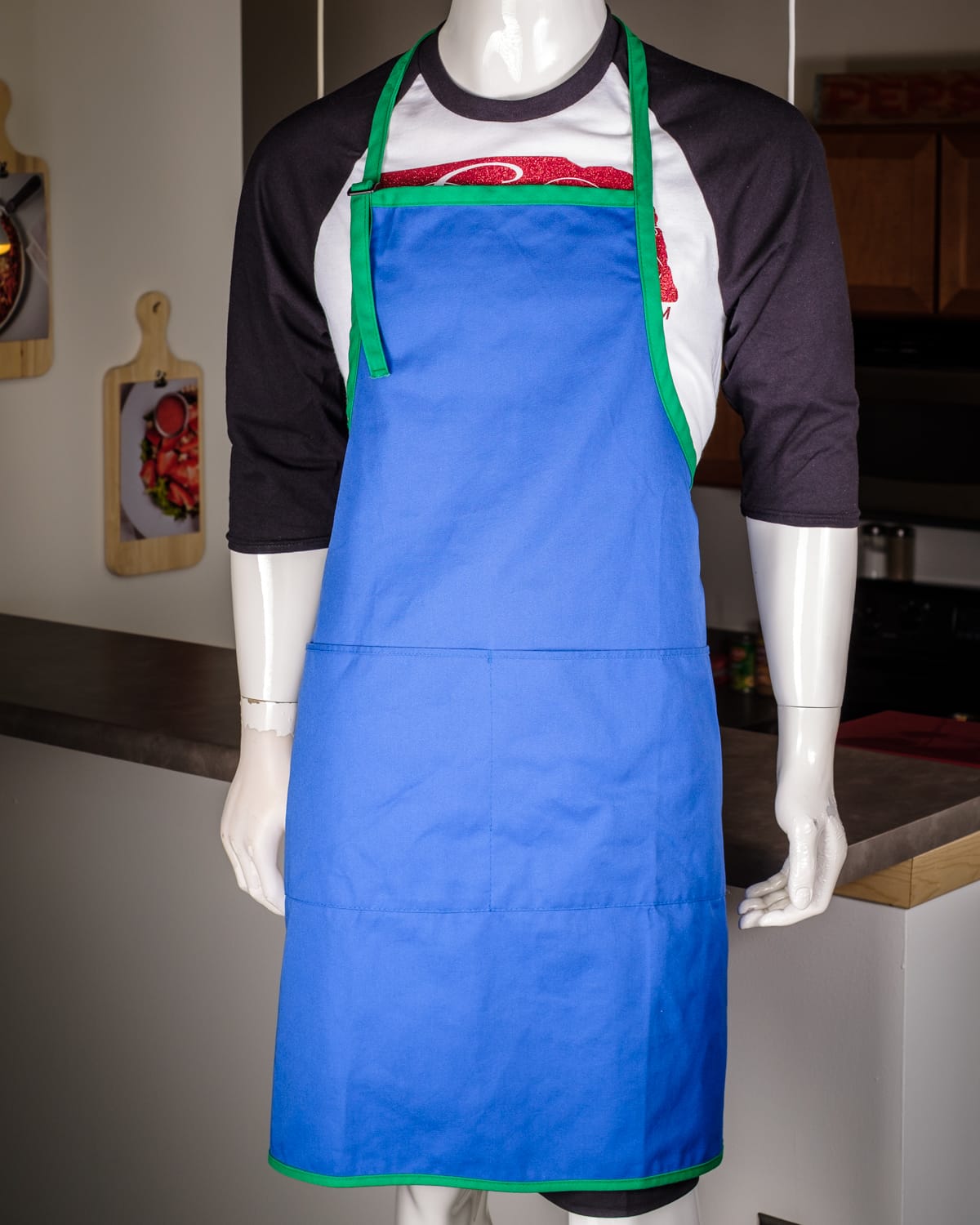 Apron, Adult Long Length in Royal Blue with Green Trim