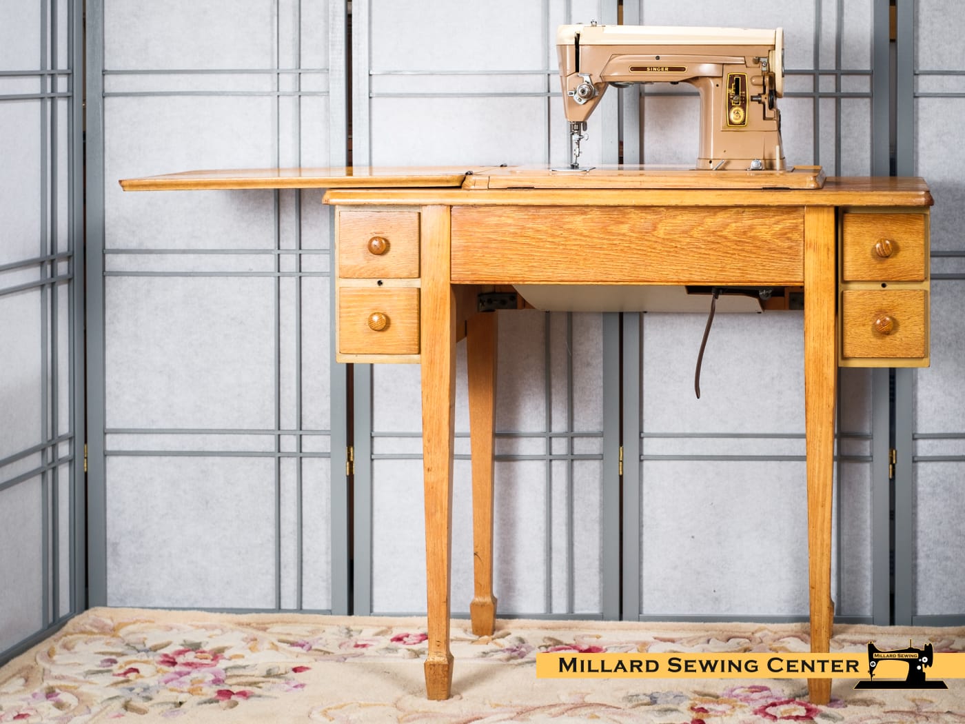 Sewing Machine Cabinet for Flat Bed Machines in Blonde, Model 401 By Singer - Image 4