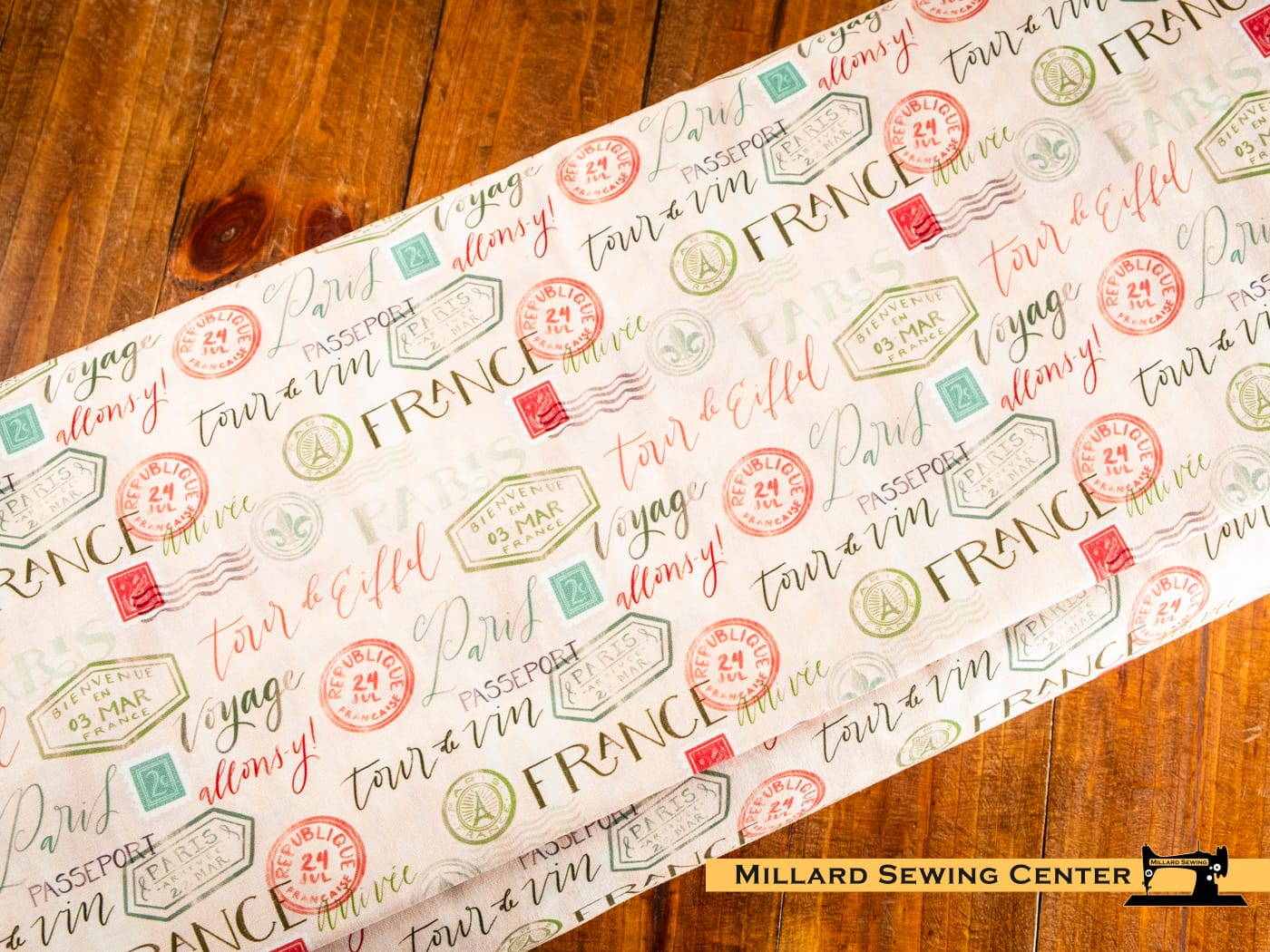 Cotton Fabric, 44" Fleurs & Flutter in Passport Stamps Pink by Camelot Fabrics