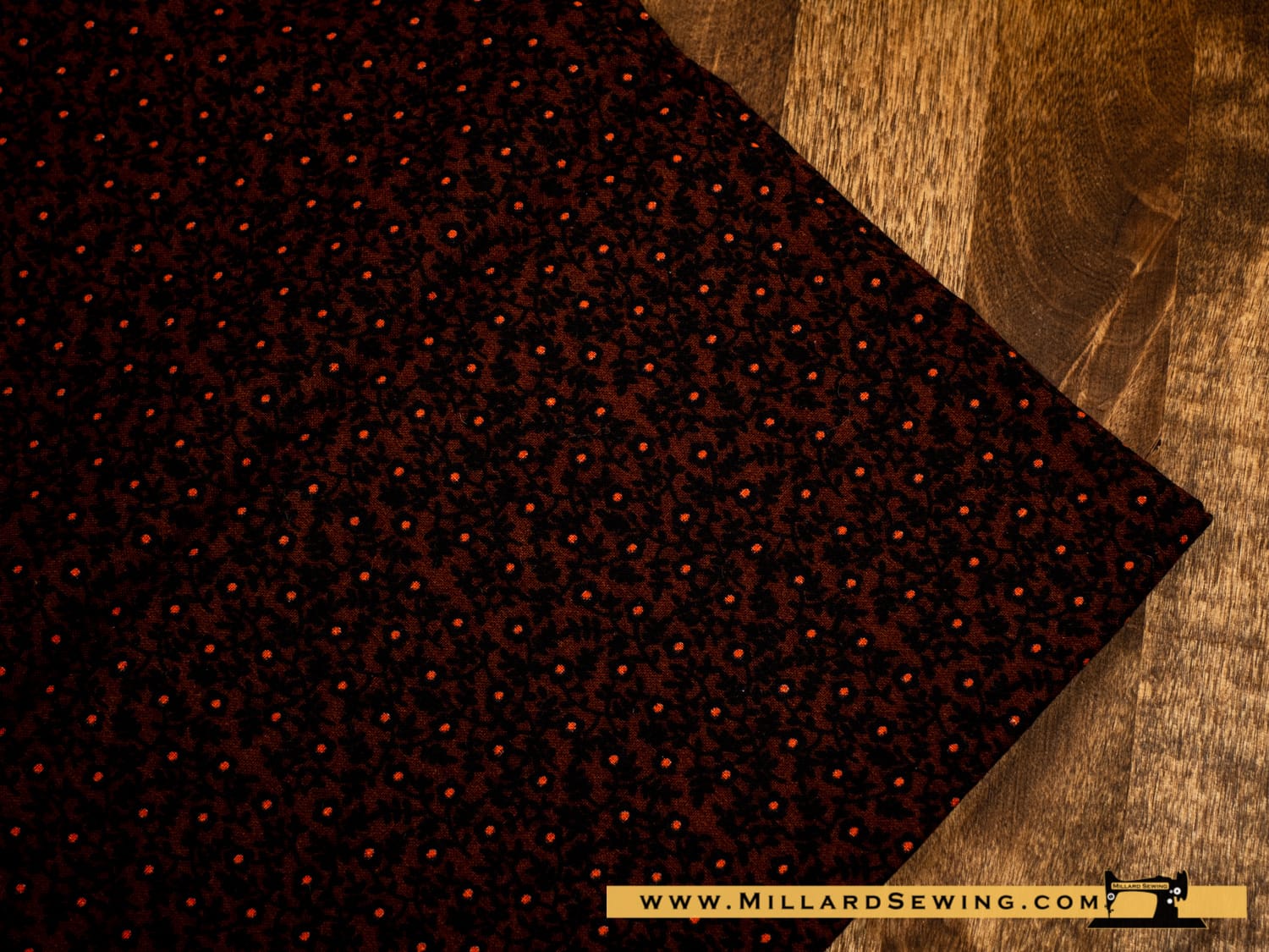 Remnant (Cotton) Brown Based Fabric, Pink Flowers w/Black Vines (1/2 yd)