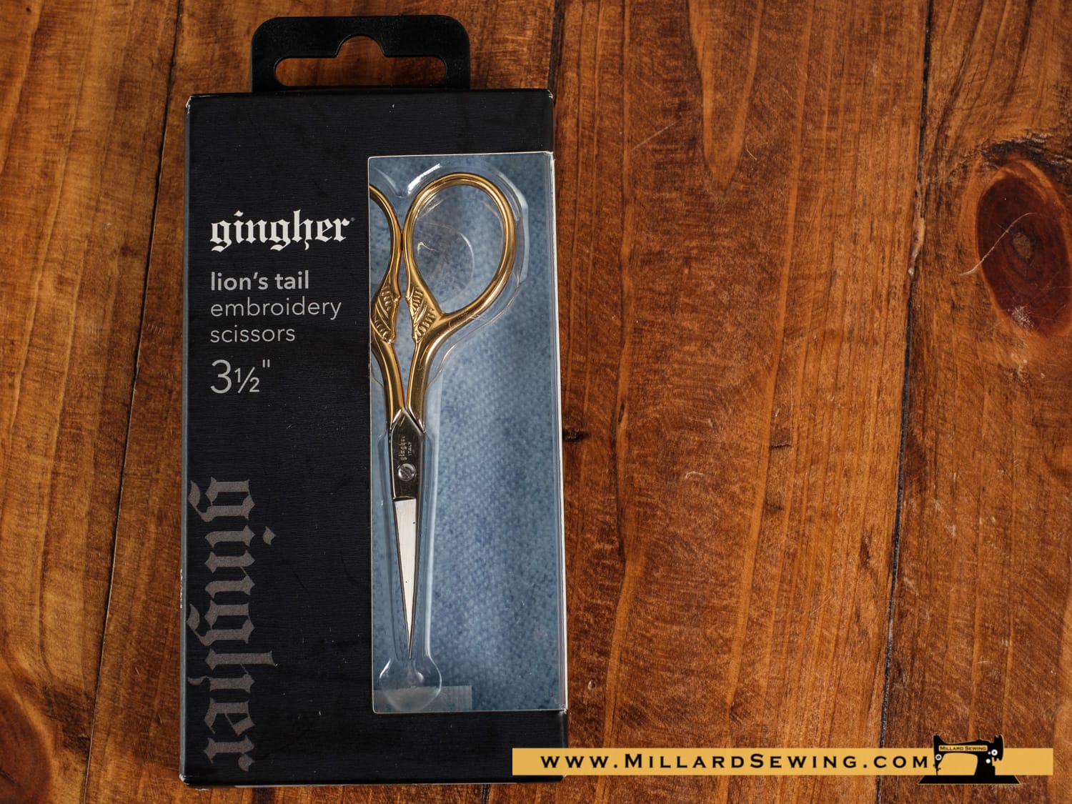 Scissors, 3.5" Embroidery W/ Lions Tail Design Gold Handles & Leather Sheath by Gingher