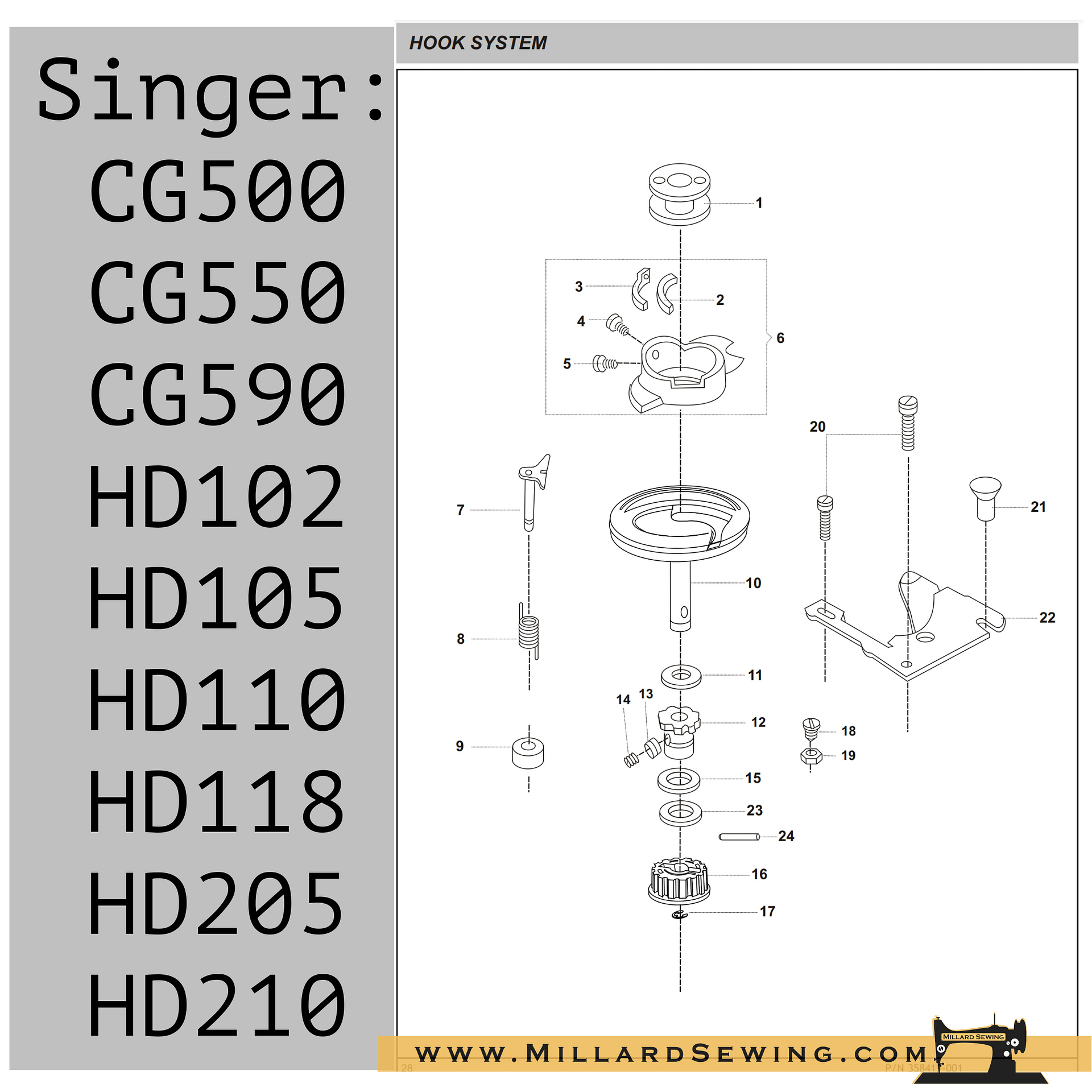 Pulley, Hook for Singer CG590 Sewing Machines