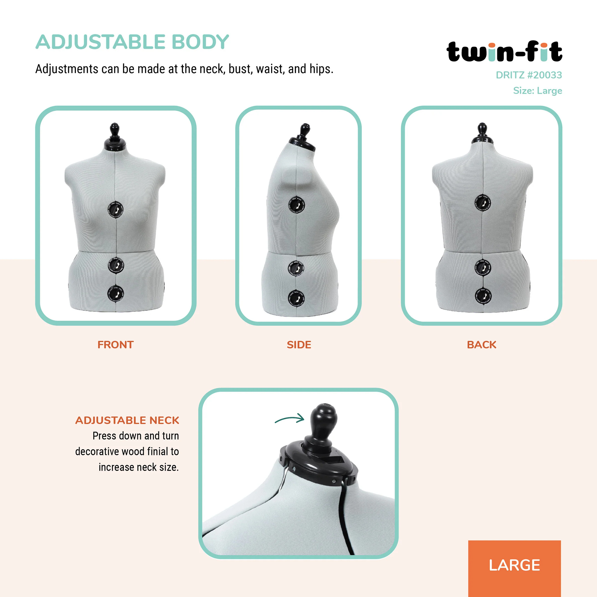 Dress Form, Adjustable Adult Sizes Petite to Full Figure Twin Fit Design by Dritz - Image 15