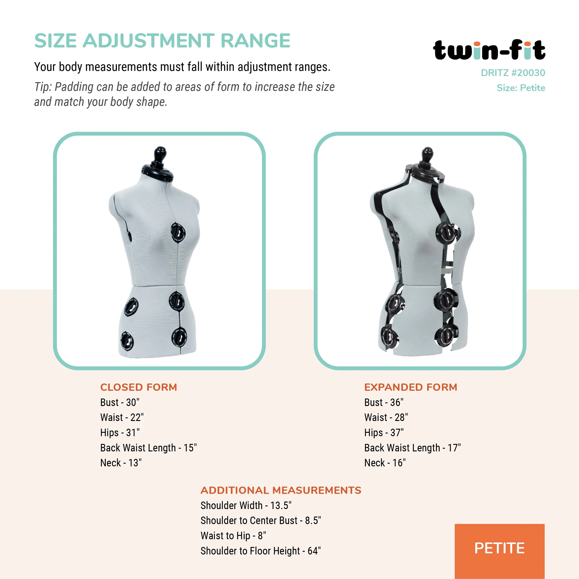 Dress Form, Adjustable Adult Sizes Petite to Full Figure Twin Fit Design by Dritz - Image 8