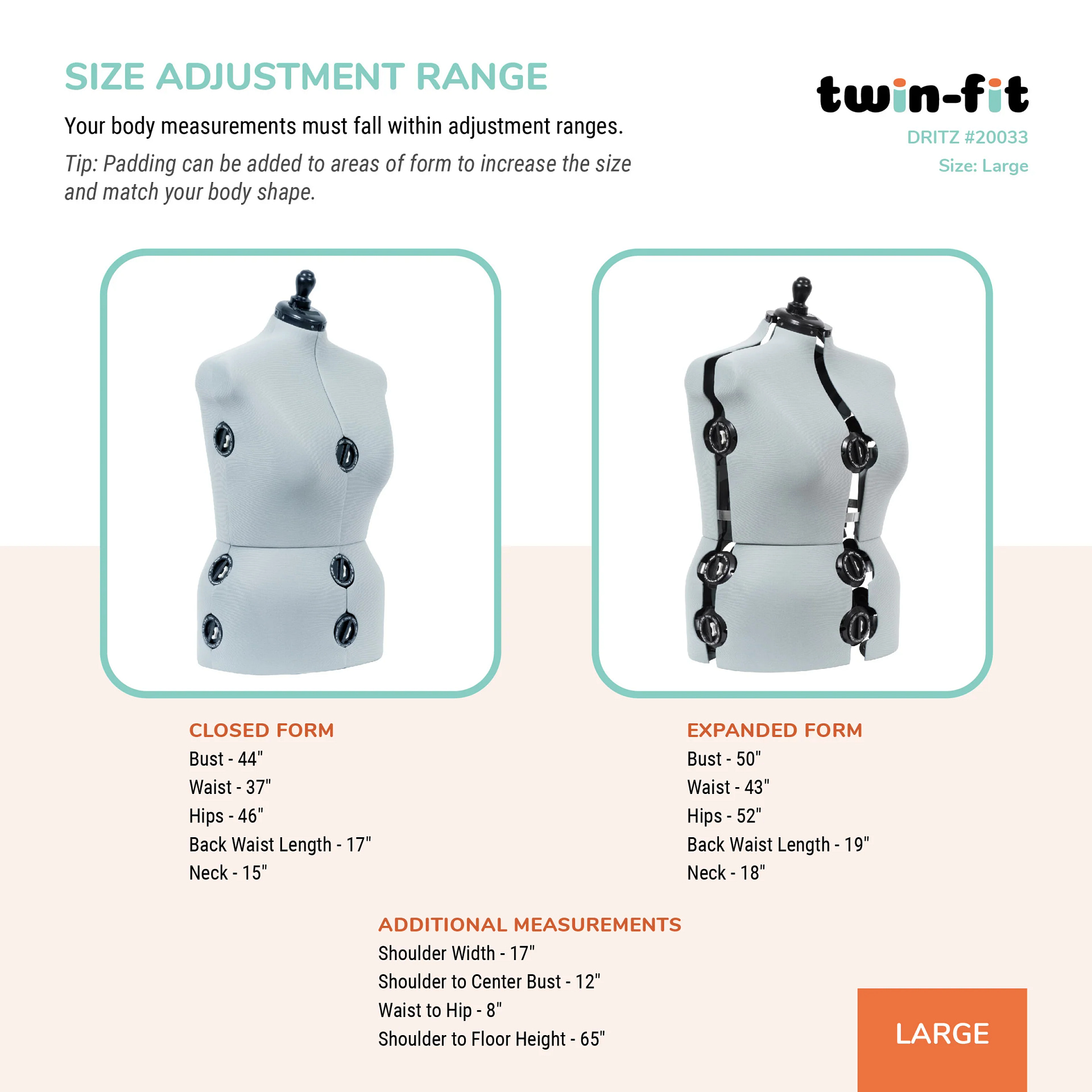 Dress Form, Adjustable Adult Sizes Petite to Full Figure Twin Fit Design by Dritz - Image 10