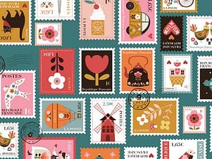 Cotton Fabric, 44" Wide in Vintage postage stamps a Bee Brown Design by Dashwood Studio
