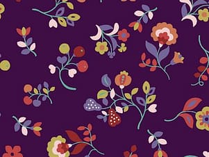 Cotton Fabric, 44" Wide in Flora toss on eggplant a Sholto Drumlanrig Design by Dashwood Studio
