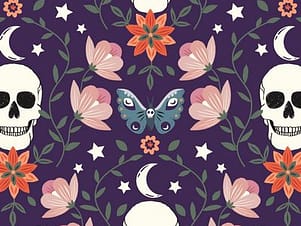 Cotton Fabric, 44" Wide in Skull And Floral, a Sally Mountain Design by Dashwood Studio