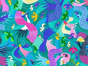 Cotton Fabric, 44" Wide in Firework Birds Aqua by Dashwood Studio