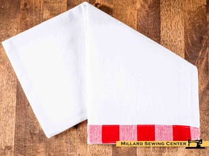 Dish Towel, Vintage Gingham Trimmed in Cranberry by All About Blanks