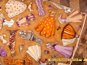Remnant (Cotton) Beige, Purple & Orange with Dresses Print Fabric (13" )