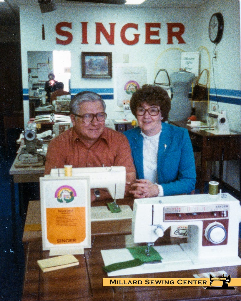 Howard and Delores Most inside Millard Sewing Center. Mid 1980s