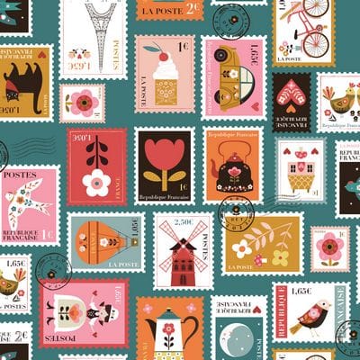Cotton Fabric, 44" Wide in Vintage postage stamps a Bee Brown Design by Dashwood Studio