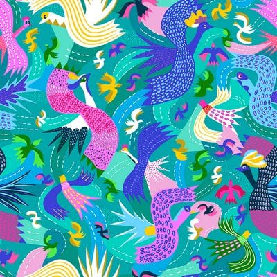 Cotton Fabric, 44" Wide in Firework Birds Aqua by Dashwood Studio