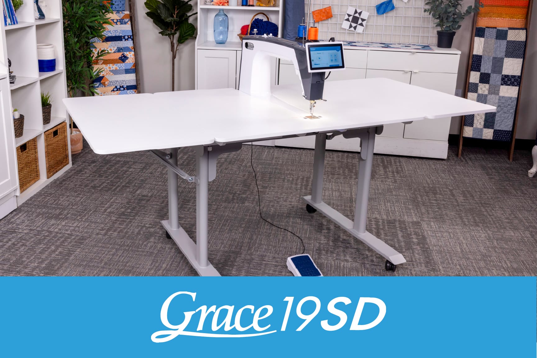 Grace 19SD sit-down longarm quilting machine with table